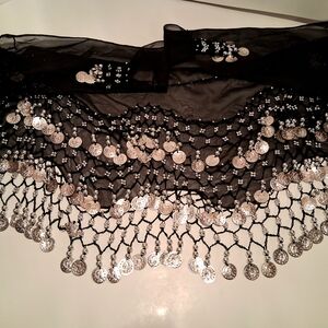 Black and Silver Coin Fringe Hip Scarf